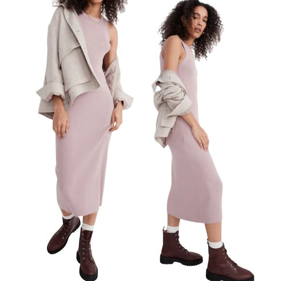 Madewell Midi Sweater Dress Sleeveless Ribbed Knit Fitted Pale Thistle Small - Picture 1 of 9